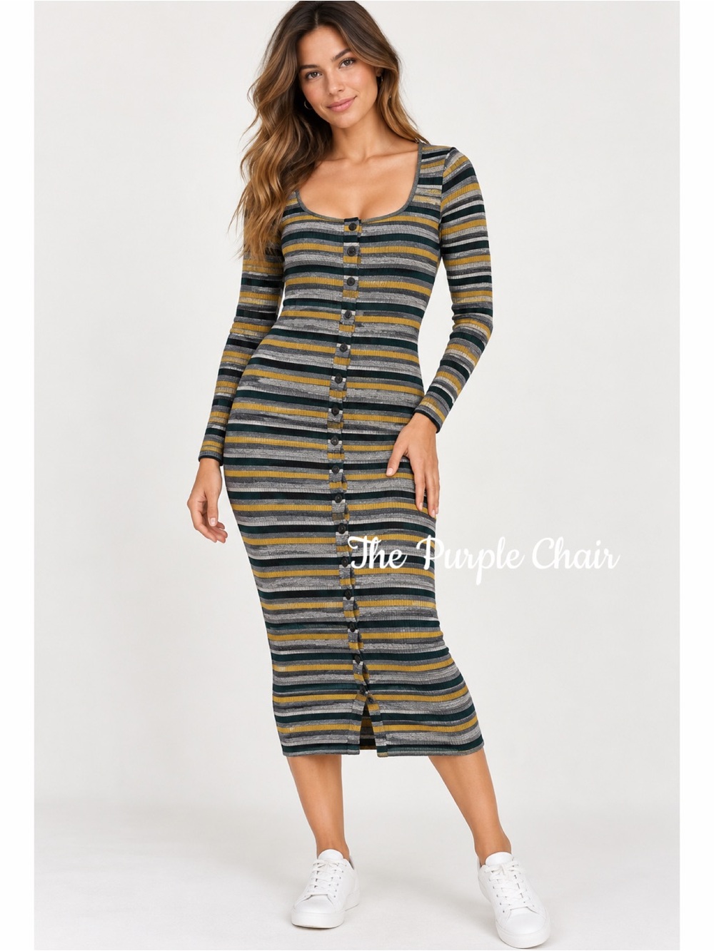 NWT Long Sleeve Striped Button Down Ribbed Fitted Midi Dress S